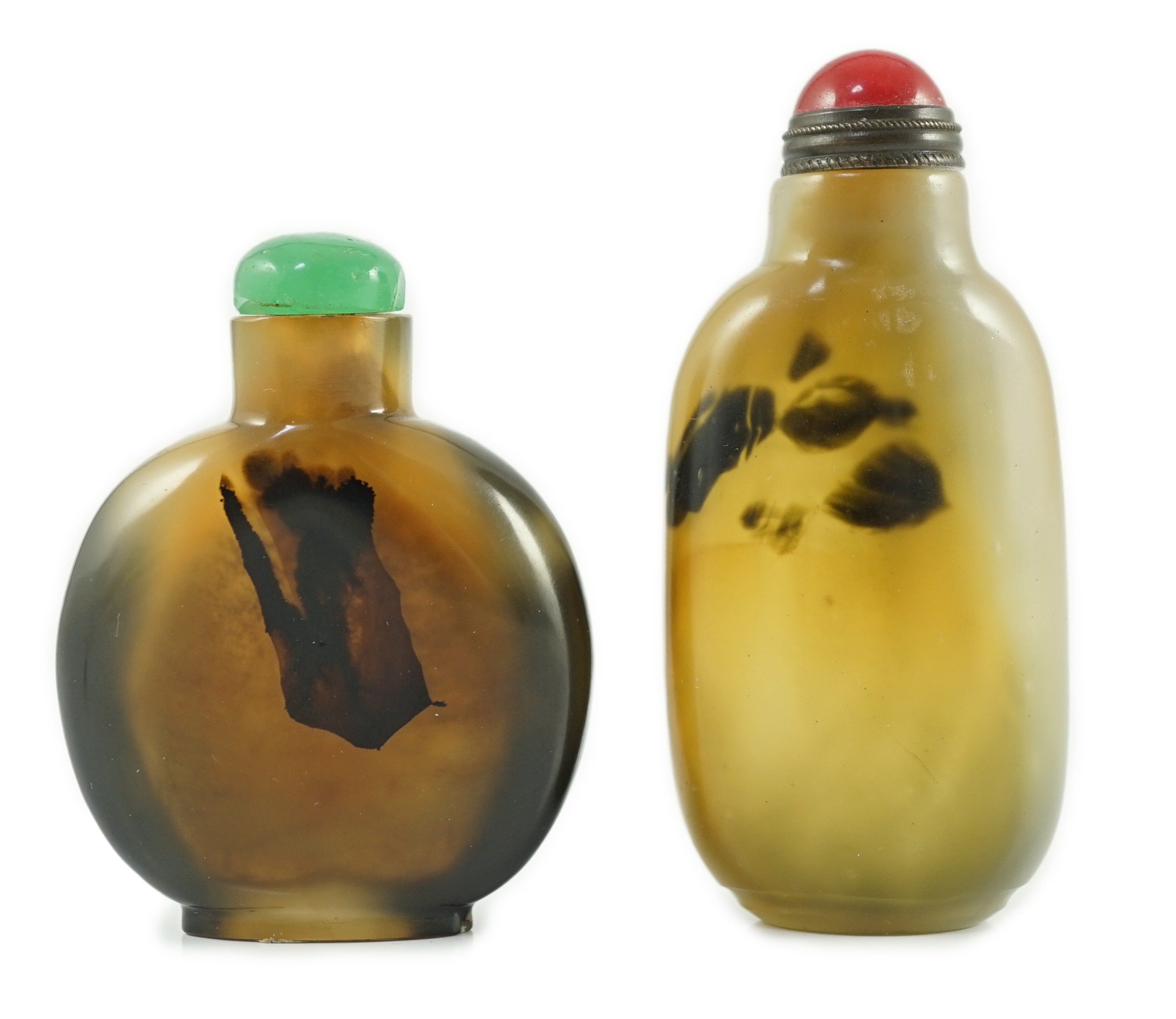 A Chinese shadow agate snuff bottle, and an imitation shadow agate glass snuff bottle, both c.1760-1860